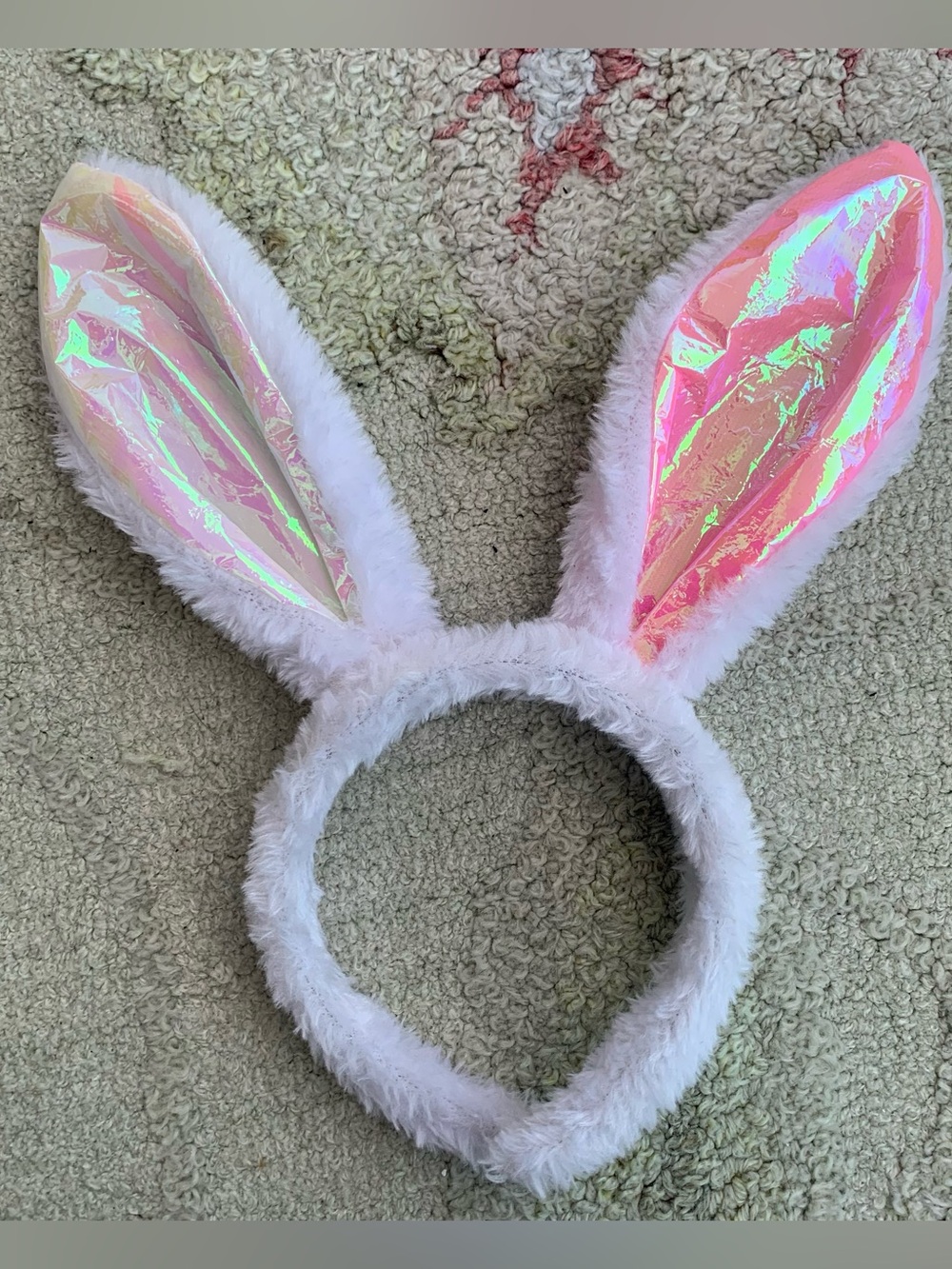 White Fuzzy Bunny Ears Headband Pink Holographic Iridescent Easter Costume